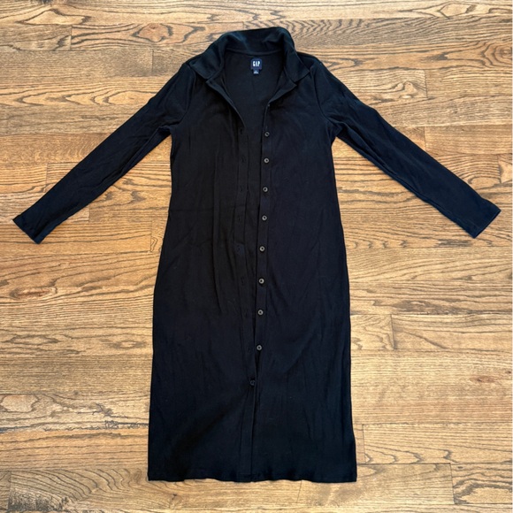 GAP Black Ribbed Collared Button-Down Sweater Dress – Size Large, Midi Length - Picture 1 of 3